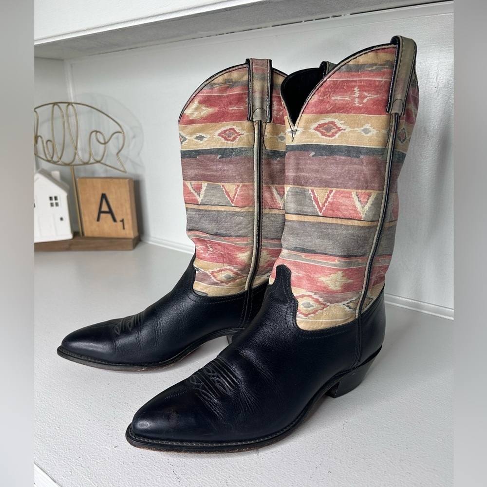 Code West Men’s 10M Black Leather Southwestern Cowboy Boots USA Made Vintage